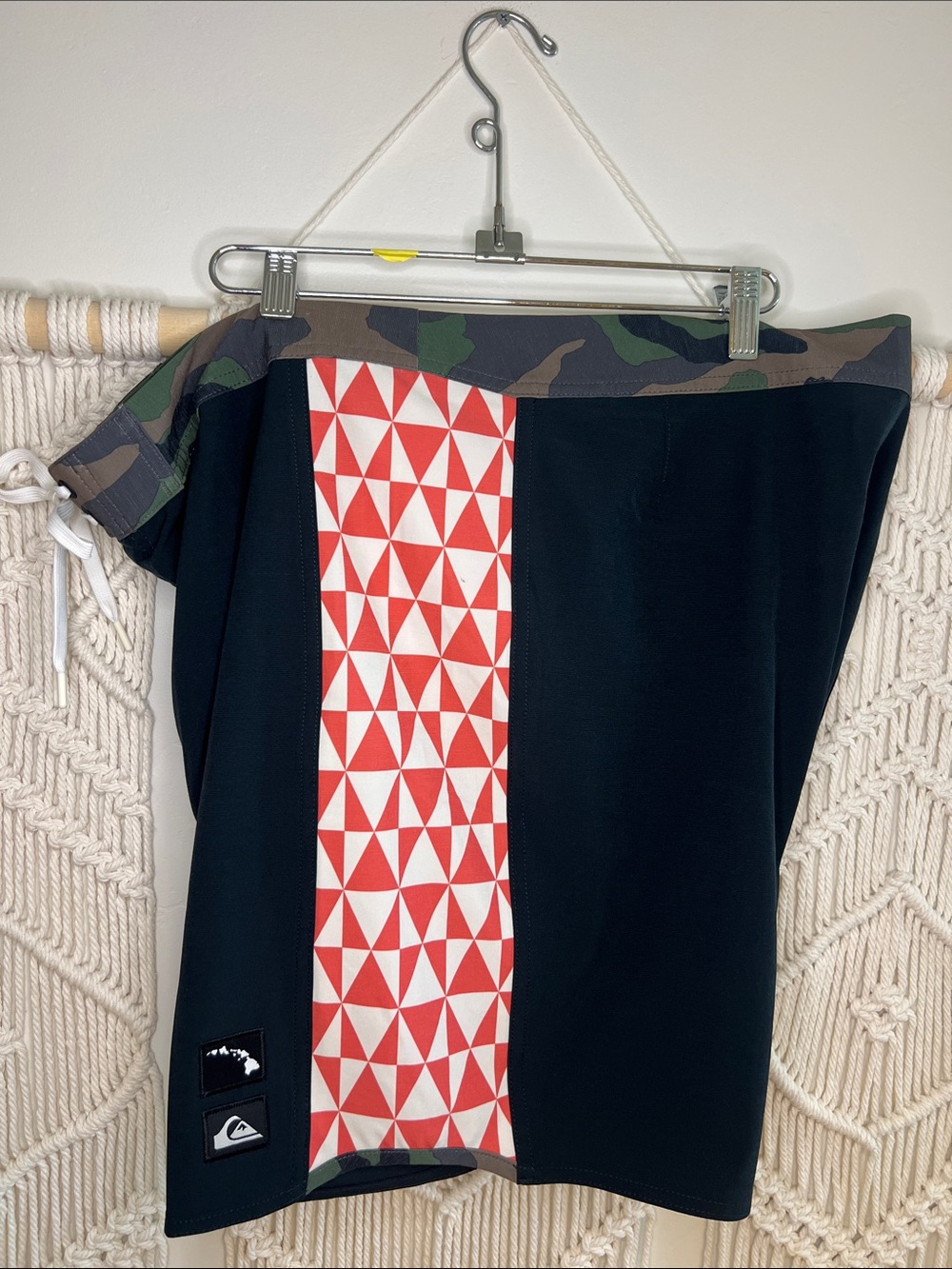 Quiksilver Black Boardshorts with Red Geometric Stripe and Camo Waistband